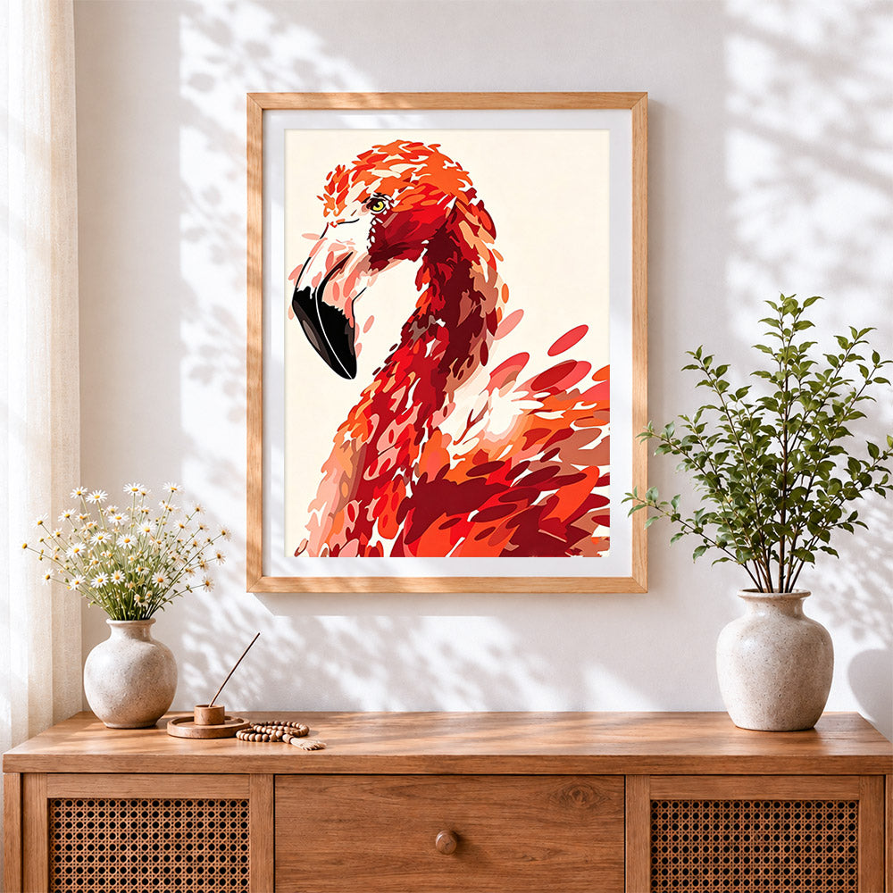 Finished red watercolour flamingo cross stitch artwork displayed