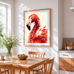 Red watercolour flamingo cross stitch artwork displayed on wall as home decor