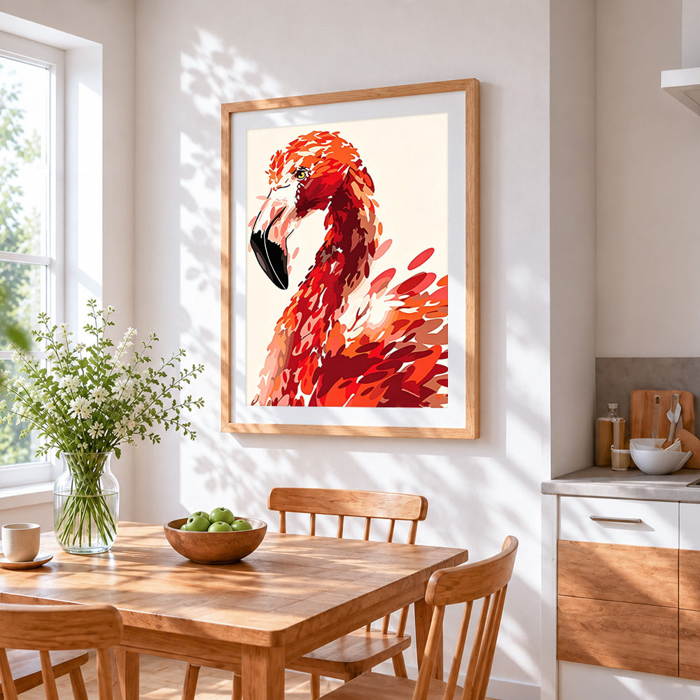 Red watercolour flamingo cross stitch artwork displayed on wall as home decor