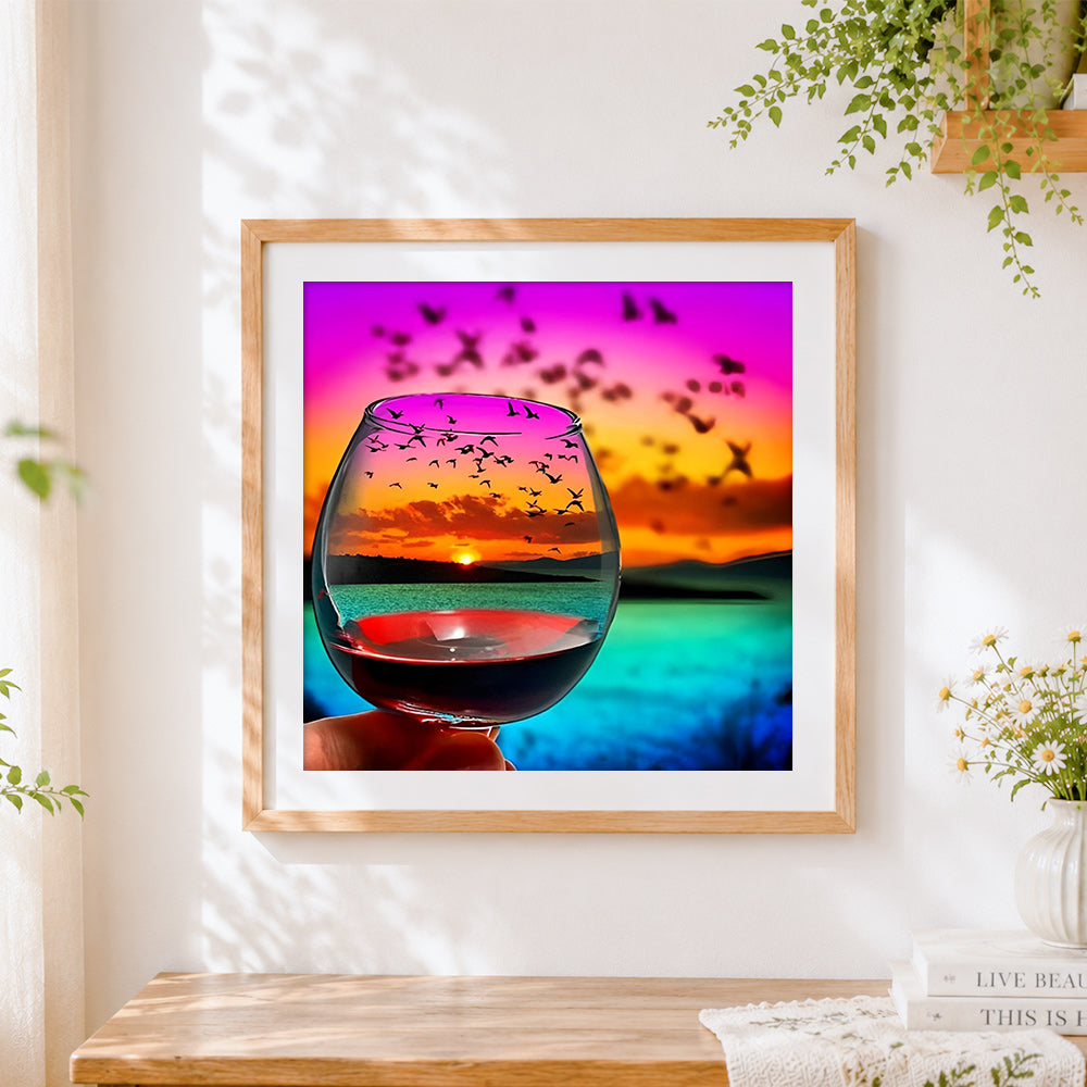 Finished red wine glass with sunset and flying birds cross stitch artwork displayed