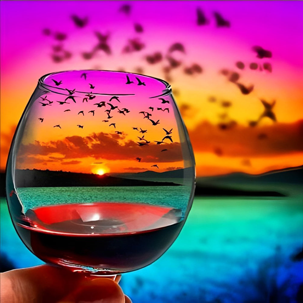 Red wine glass with sunset and flying birds cross stitch kit for beginners