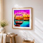 Red wine glass with sunset and flying birds paint by numbers artwork displayed on wall as home decor