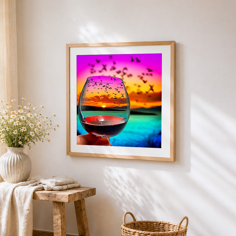 Red wine glass with sunset and flying birds paint by numbers artwork displayed on wall as home decor