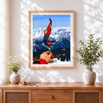 Finished red wine with a mountain view cross stitch artwork displayed