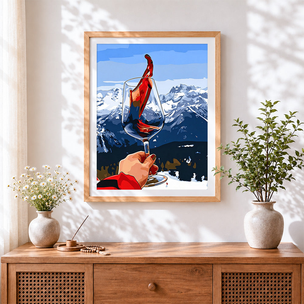 Finished red wine with a mountain view paint by numbers artwork displayed as home decor