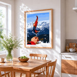 Red wine with a mountain view paint by numbers artwork displayed on wall as home decor