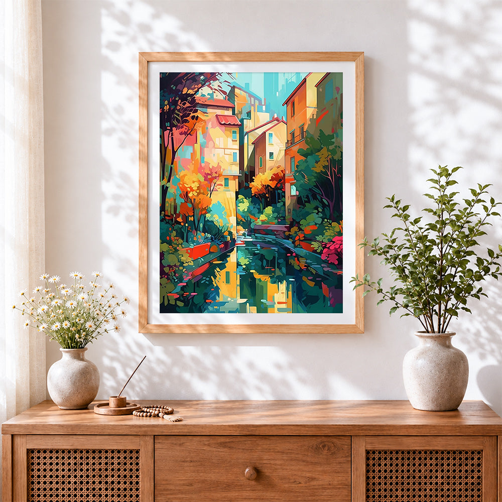 Finished reflection of a colourful city cross stitch artwork displayed