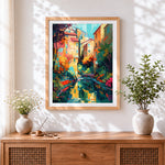 Finished reflection of a colourful city cross stitch artwork displayed