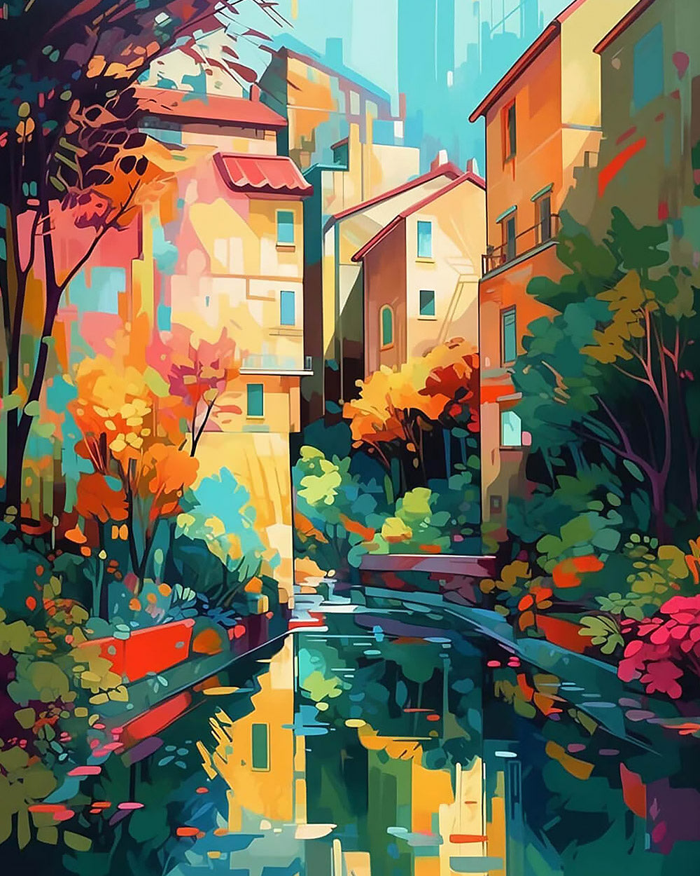 Reflection of a colourful city cross stitch kit for beginners