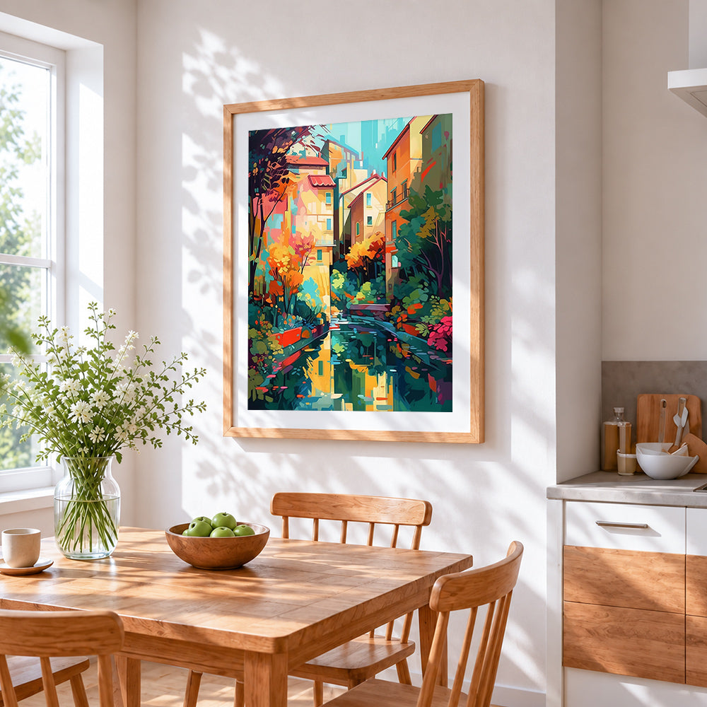 Reflection of a colourful city cross stitch artwork displayed on wall as home decor