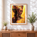 Finished regal african woman portrait cross stitch artwork displayed