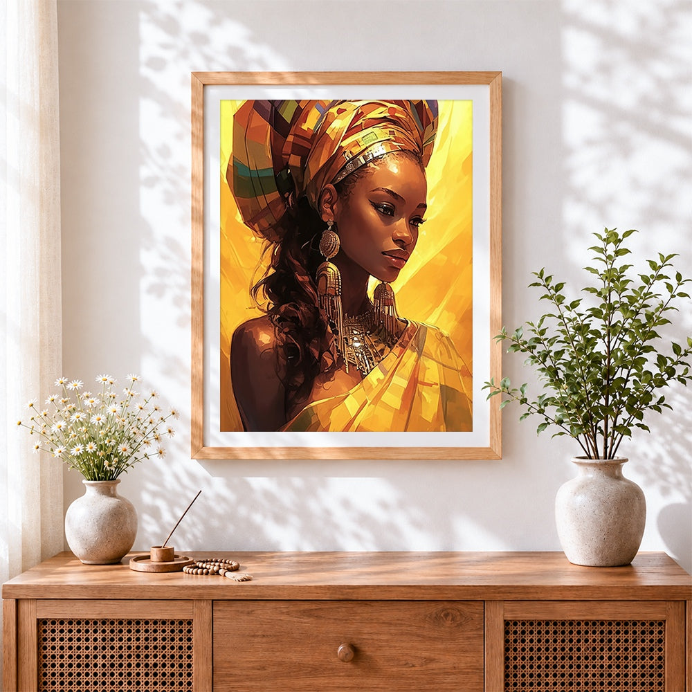 Finished regal african woman portrait cross stitch artwork displayed