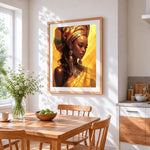 Regal african woman portrait cross stitch artwork displayed on wall as home decor