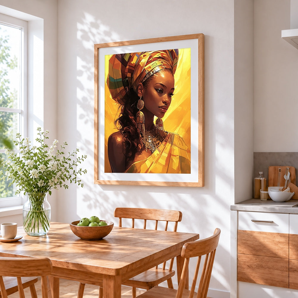 Regal african woman portrait cross stitch artwork displayed on wall as home decor