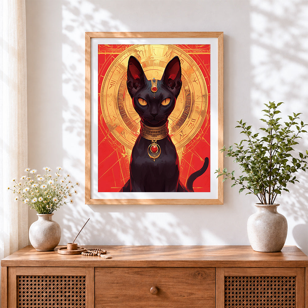 Finished regal egyptian cat cross stitch artwork displayed