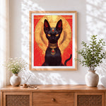 Finished regal egyptian cat cross stitch artwork displayed
