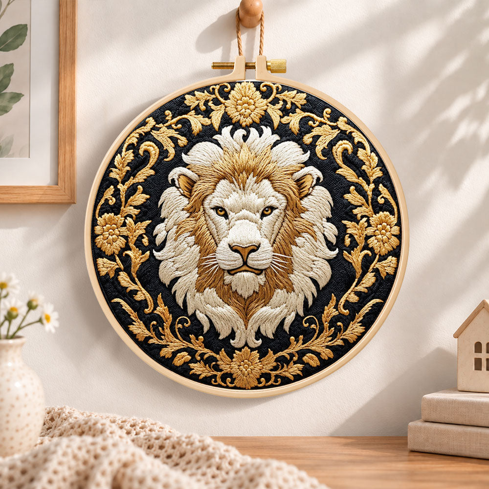 Regal golden lion embroidery hoop wall art displayed as warm and cosy handmade home decor