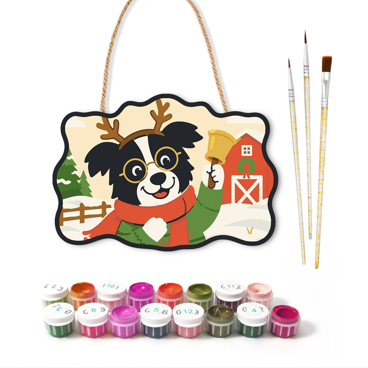 Reindeer border collie paint by numbers door hanger with paints and brushes