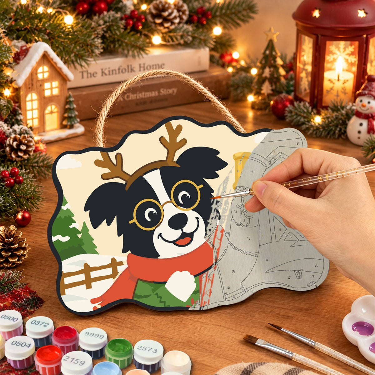 Reindeer border collie paint by numbers door hanger painting process