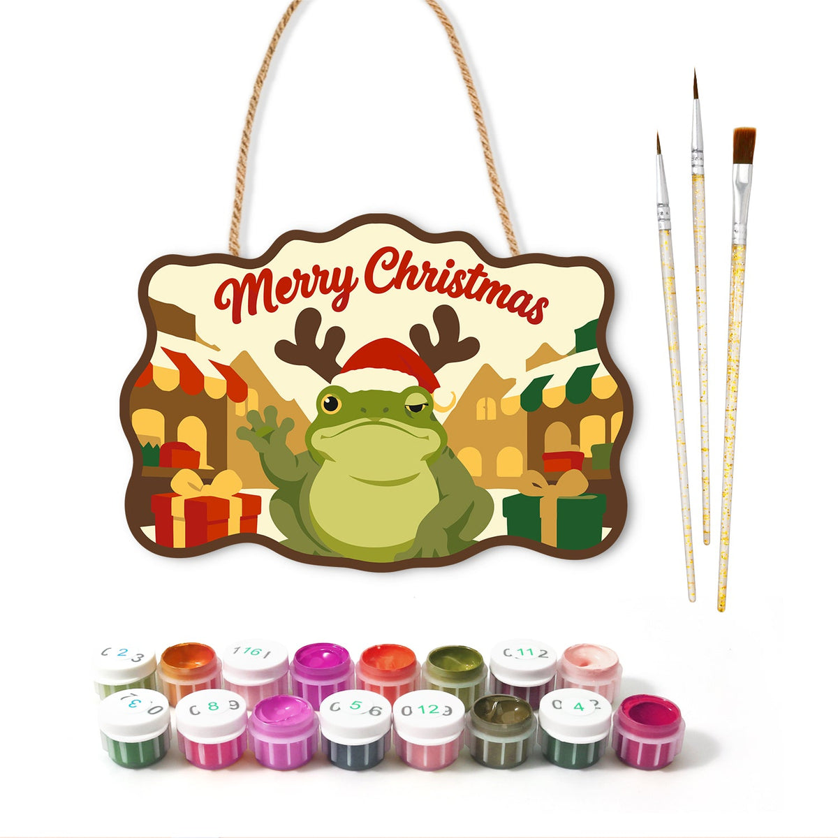 Reindeer frog town visit paint by numbers door hanger with paints and brushes