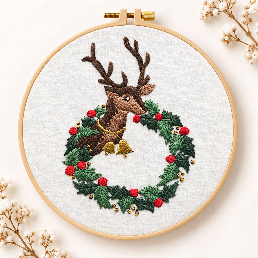 Reindeer in holly wreath embroidery kit