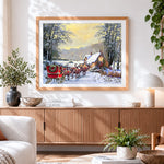Finished reindeer pulling sleigh towards snowy cottage cross stitch artwork displayed