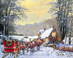 Reindeer pulling sleigh towards snowy cottage cross stitch kit for beginners