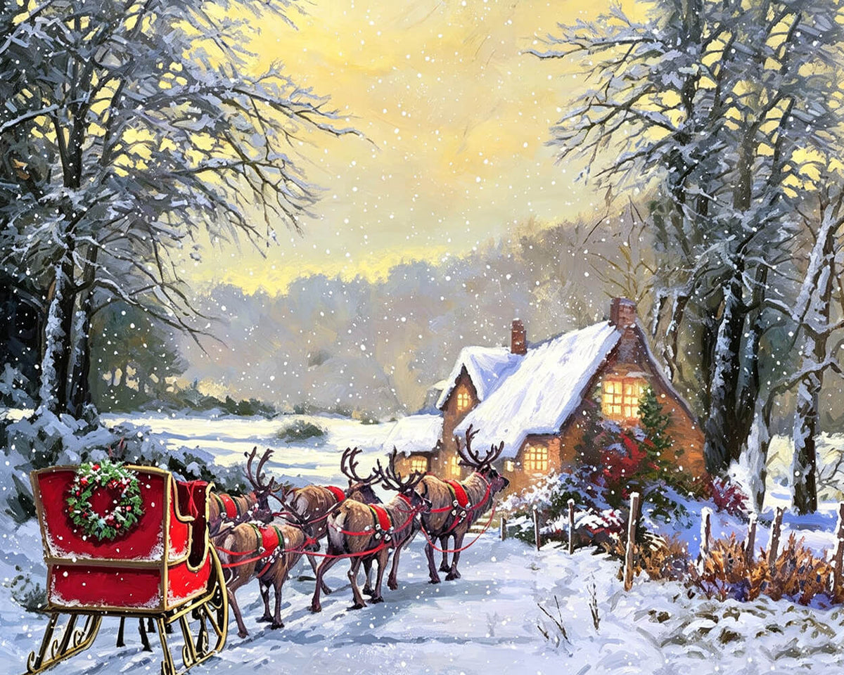 Reindeer pulling sleigh towards snowy cottage paint by numbers kit for beginners