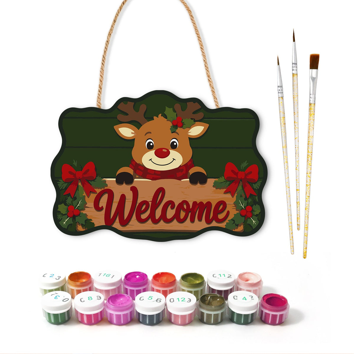 Reindeer welcome paint by numbers door hanger with paints and brushes