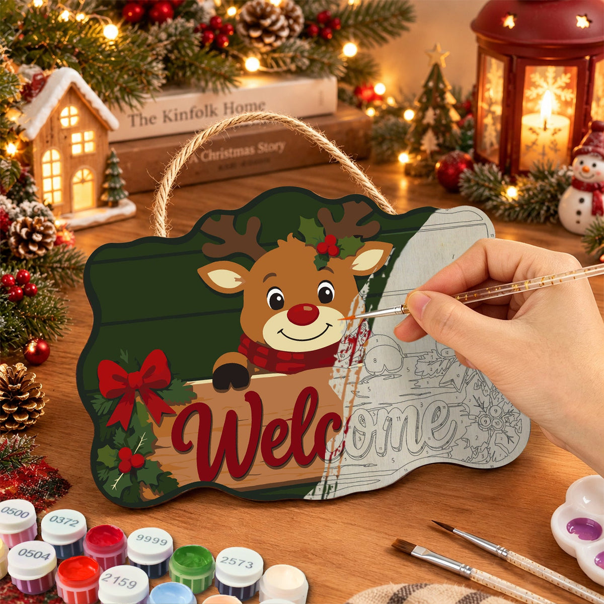 Reindeer welcome paint by numbers door hanger painting process