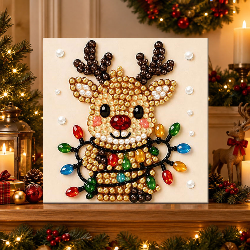 Finished reindeer with colourful string lights pearl diamond painting artwork displayed as holiday home decor