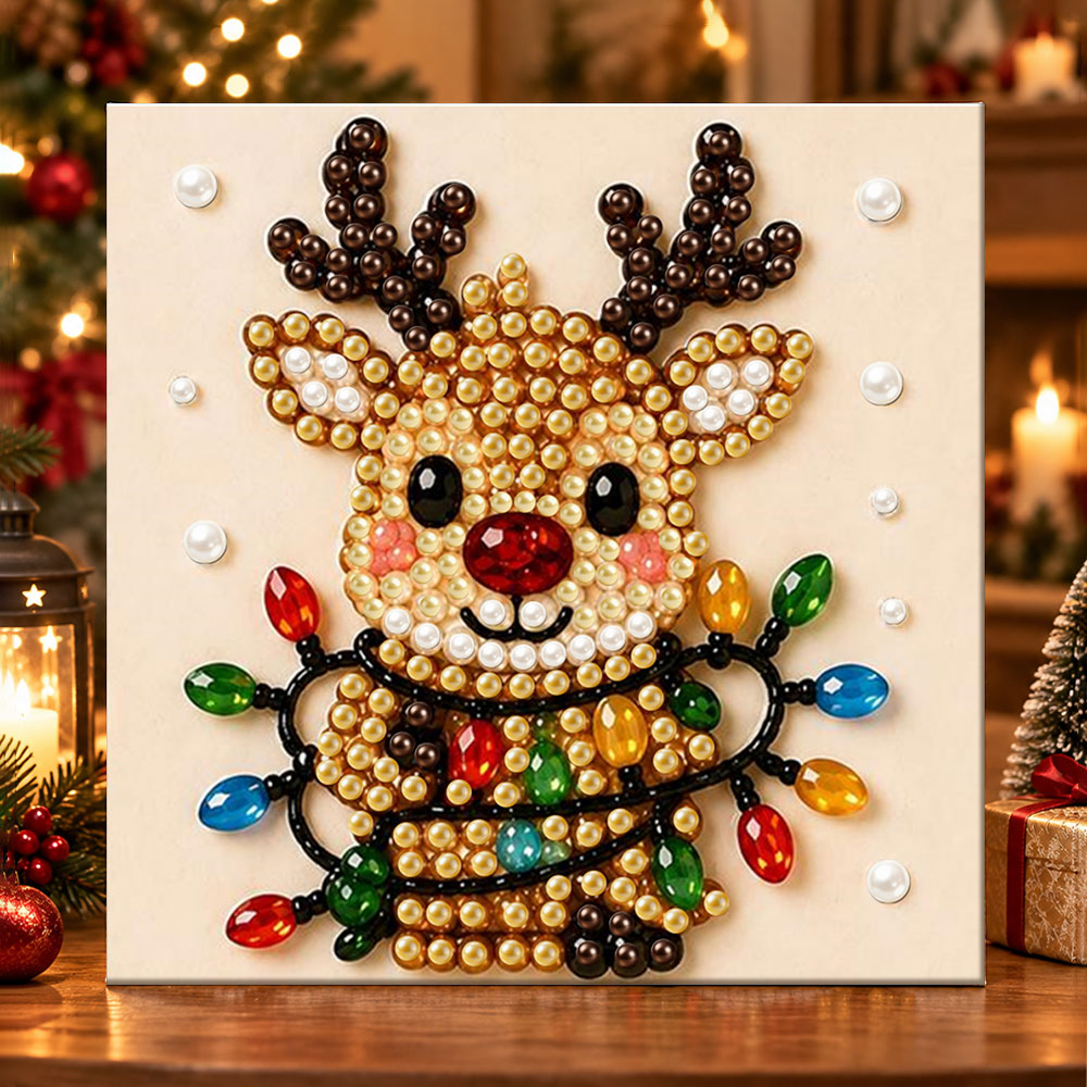 Reindeer with colourful string lights pearl diamond painting kit for beginners