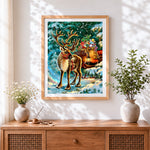 Finished reindeer with sleigh and presents cross stitch artwork displayed