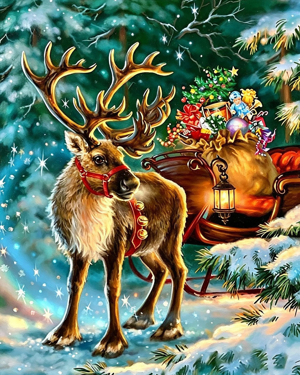 Reindeer with sleigh and presents cross stitch kit for beginners