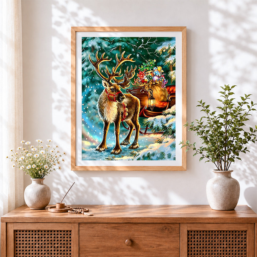 Finished reindeer with sleigh and presents paint by numbers artwork displayed as home decor