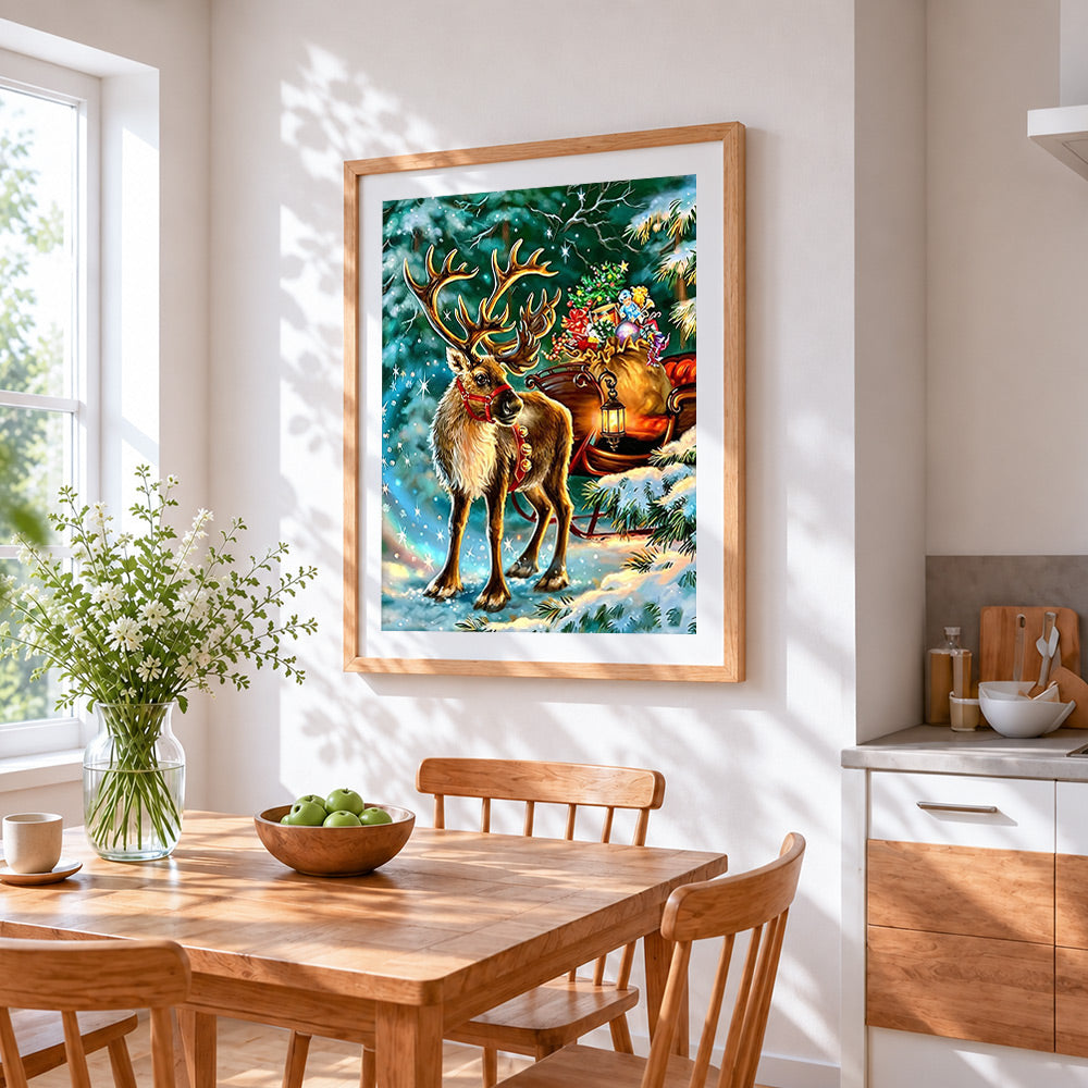 Reindeer with sleigh and presents paint by numbers artwork displayed on wall as home decor