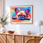 Relaxed french bulldog pop art cross stitch artwork displayed on wall as home decor
