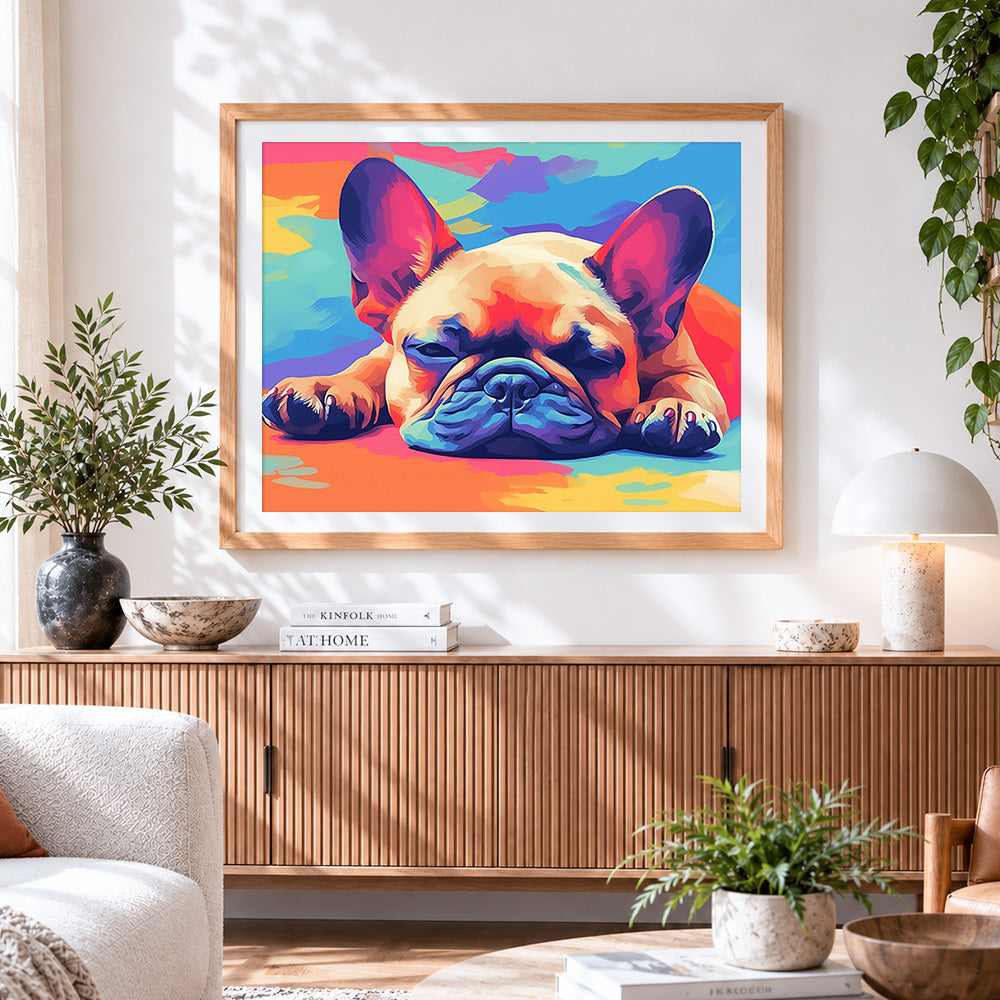 Finished relaxed french bulldog pop art paint by numbers artwork displayed as home decor
