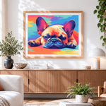 Finished relaxed french bulldog pop art paint by numbers artwork displayed as home decor