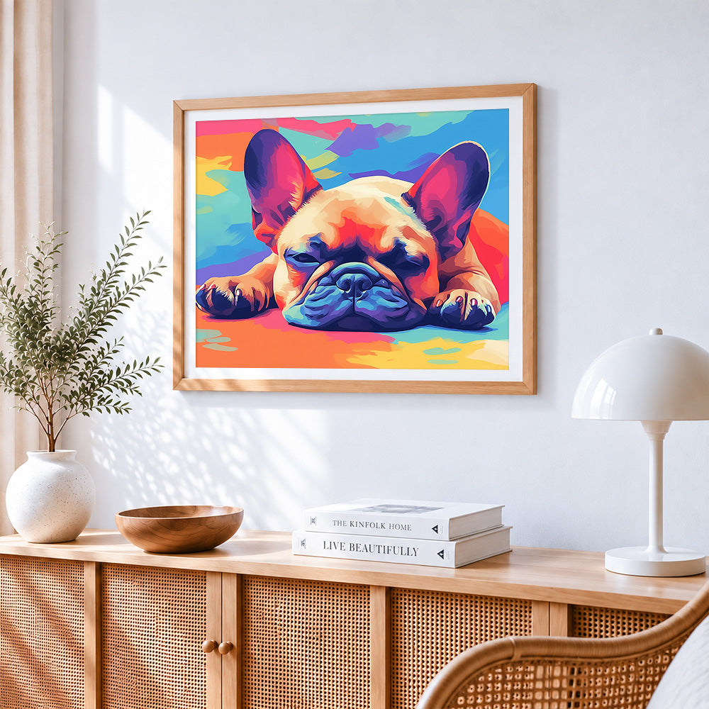 Relaxed french bulldog pop art paint by numbers artwork displayed on wall as home decor