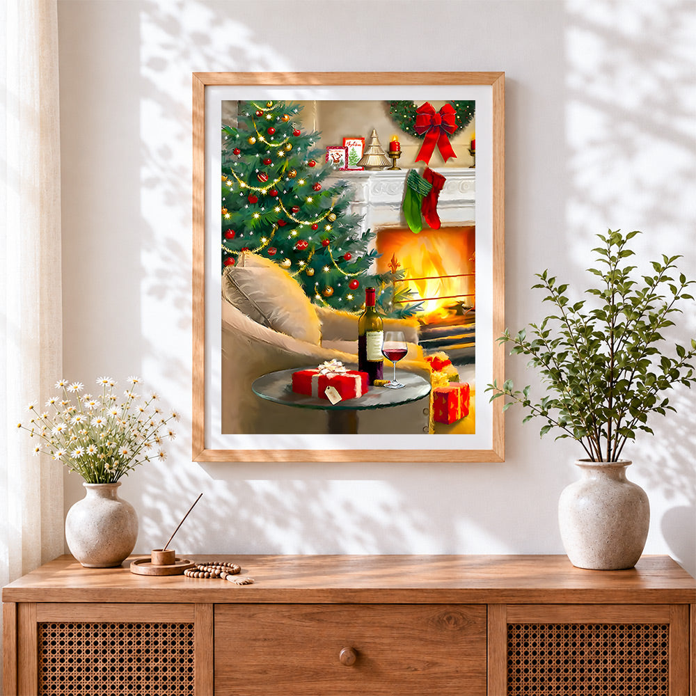 Finished relaxing christmas evening with wine cross stitch artwork displayed
