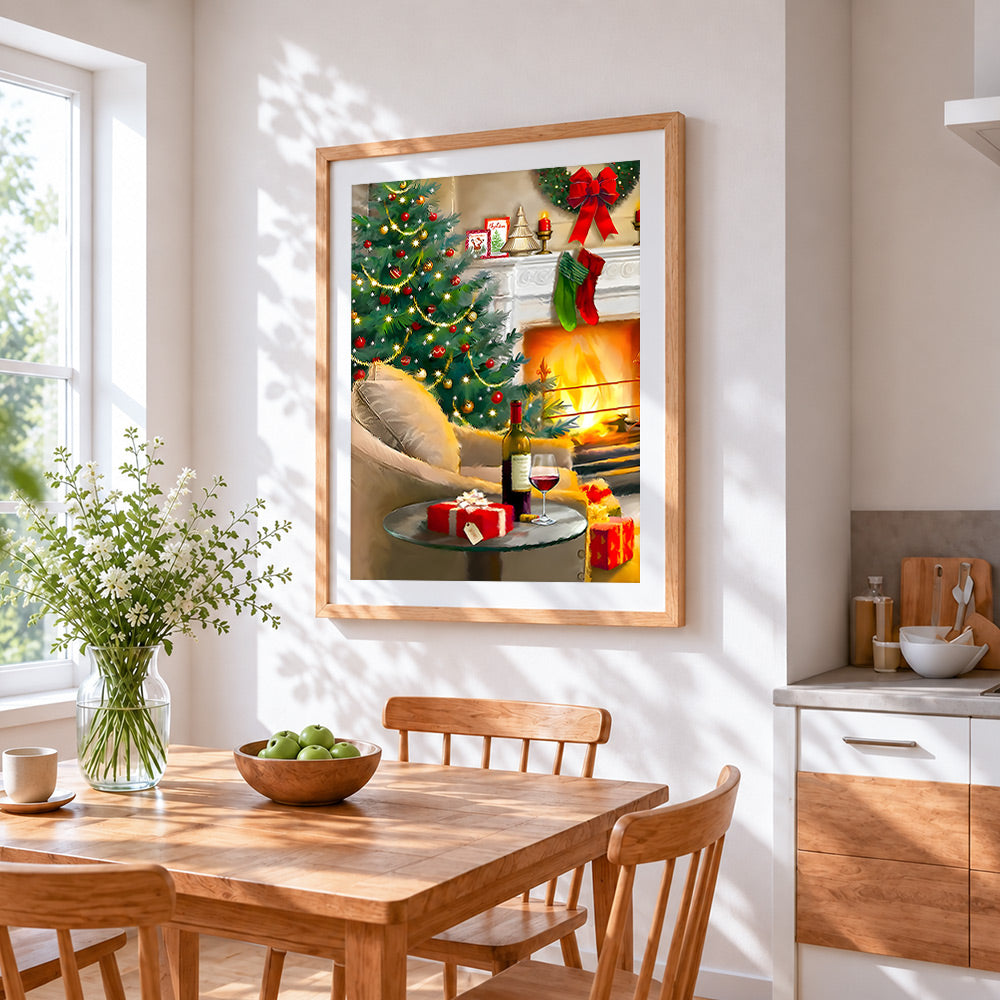 Relaxing christmas evening with wine cross stitch artwork displayed on wall as home decor