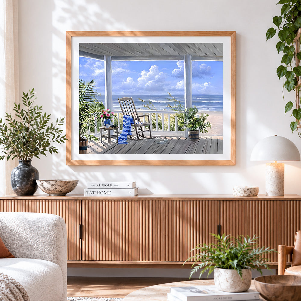 Finished relaxing porch with ocean view cross stitch artwork displayed