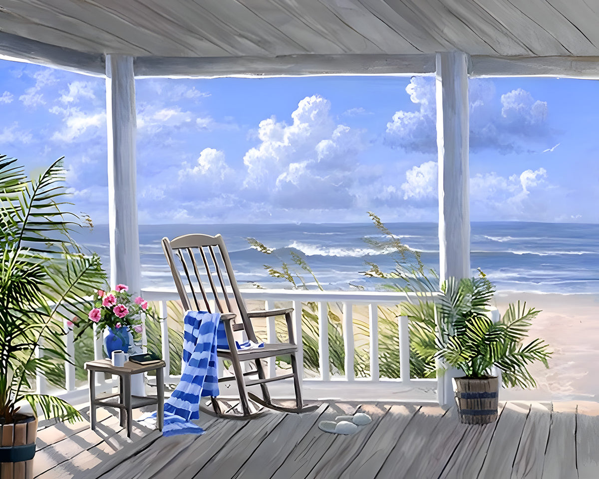 Relaxing porch with ocean view cross stitch kit for beginners