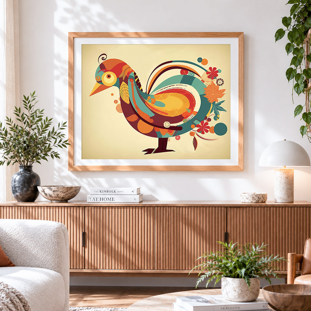 Finished retro abstract peacock cross stitch artwork displayed