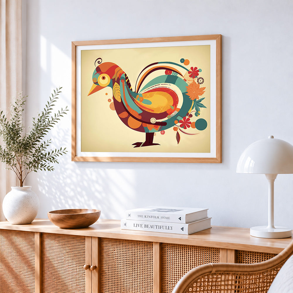 Retro abstract peacock cross stitch artwork displayed on wall as home decor