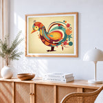 Retro abstract peacock paint by numbers artwork displayed on wall as home decor