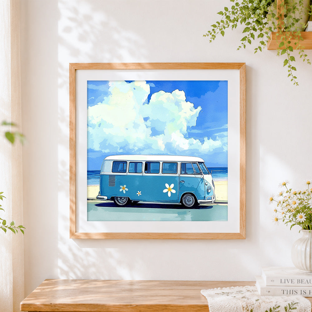 Finished retro blue camper van by the beach cross stitch artwork displayed