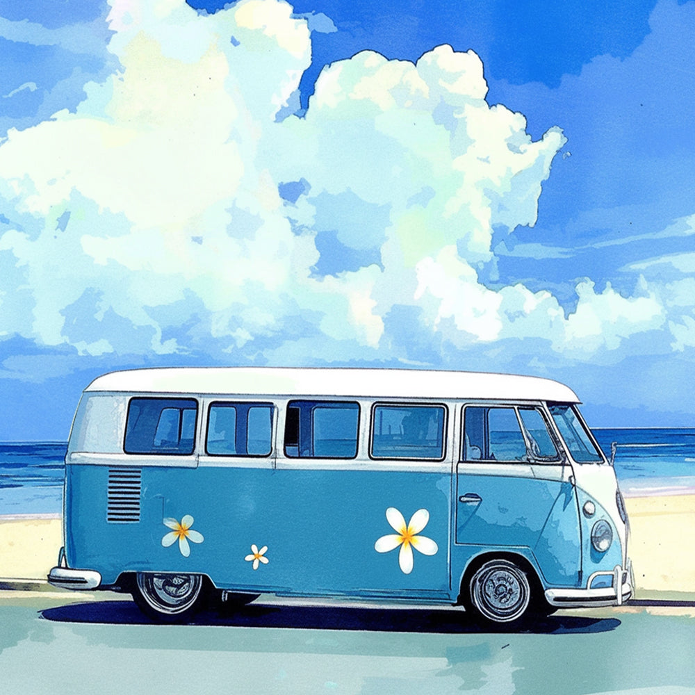 Retro blue camper van by the beach cross stitch kit for beginners