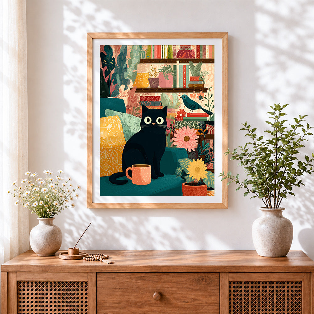 Finished retro cat and plants cross stitch artwork displayed